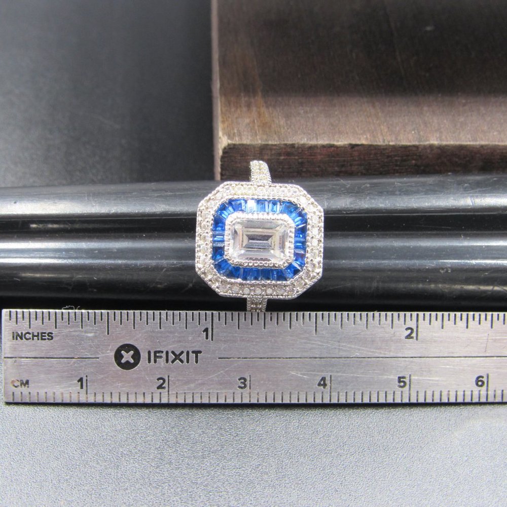 Size 6.25 Sterling Silver Cubic Zirconia & Blue Topaz Fancy Band Ring Vintage - Picture 8 of 9